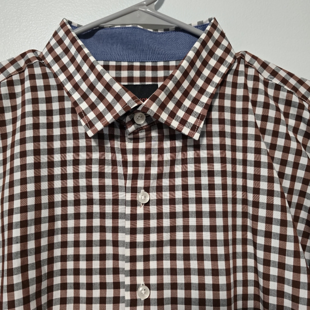 Men's Linea Uomo Gingham Stretch Button Down Shirt Brown Gray Long Sleeve 2XLT - Picture 4 of 10